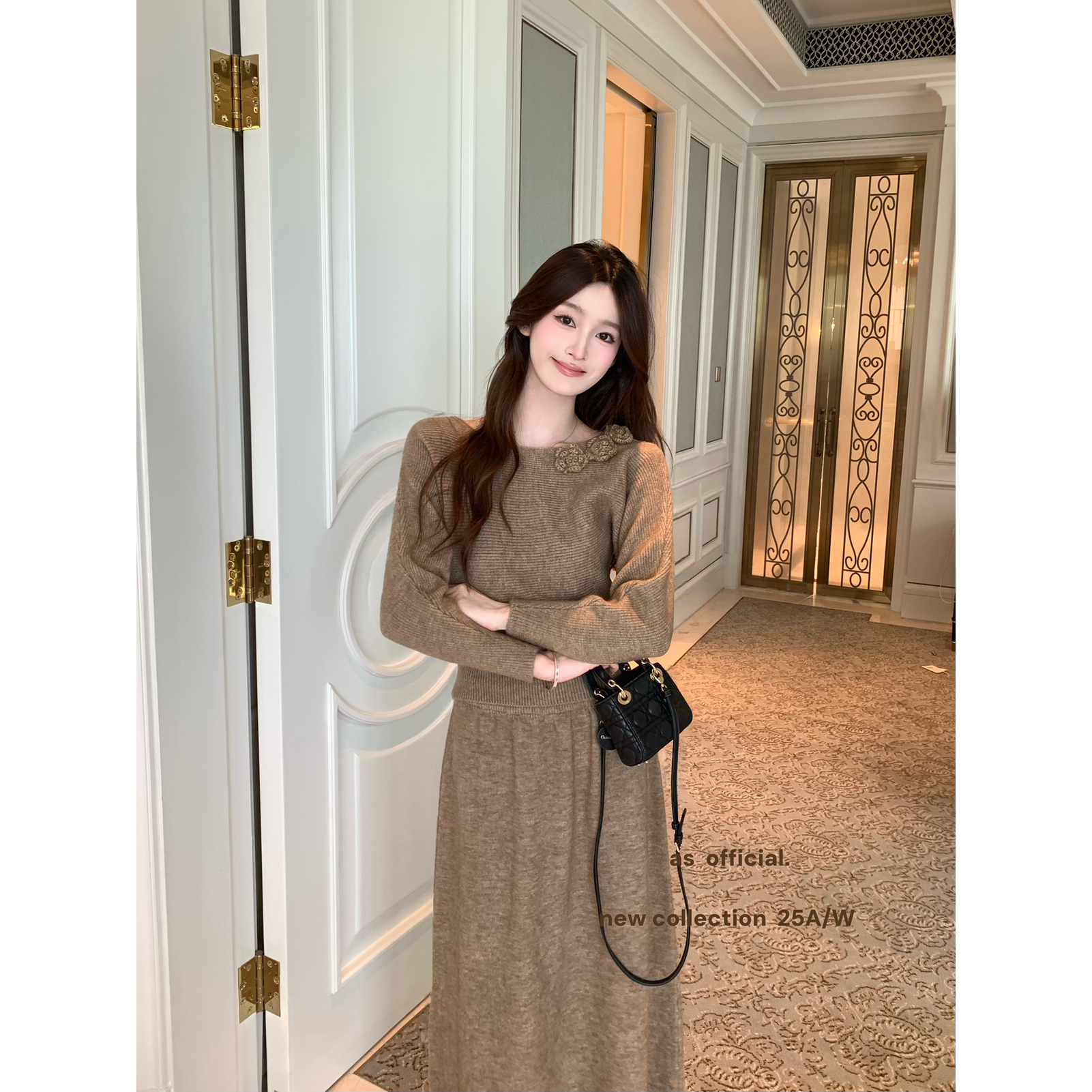 海德秋来信高颜版美得很轻松～手工编织花朵毛衣+半身裙两件套套