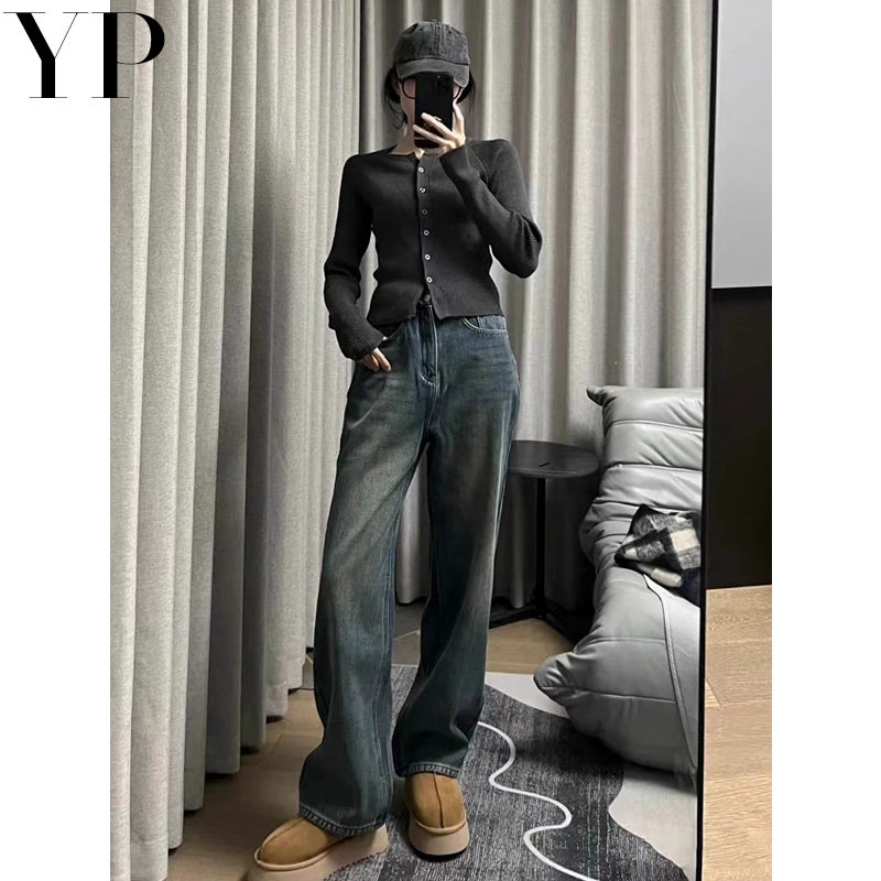 水泥灰色直筒牛仔裤女秋冬季美式高腰宽松显瘦抓毛薄绒阔腿拖地裤