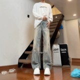 NK3218-P55闪电爆裂纹牛仔裤男高街设计感小众高腰加长直筒微喇裤，男装牛仔裤，电商A306