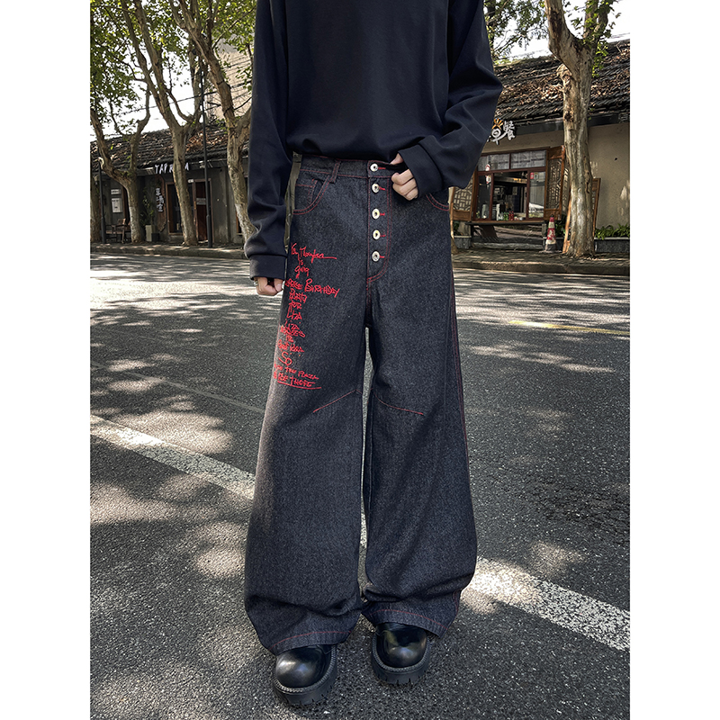 大码复古拼接设计感阔腿牛仔裤女夏新款假两件格子宽松弯刀拖地裤