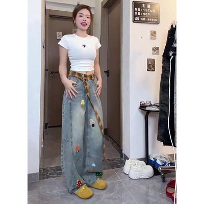 超火蘑菇刺绣牛仔裤女男设计感美式水洗复古高腰显瘦阔腿拖地裤