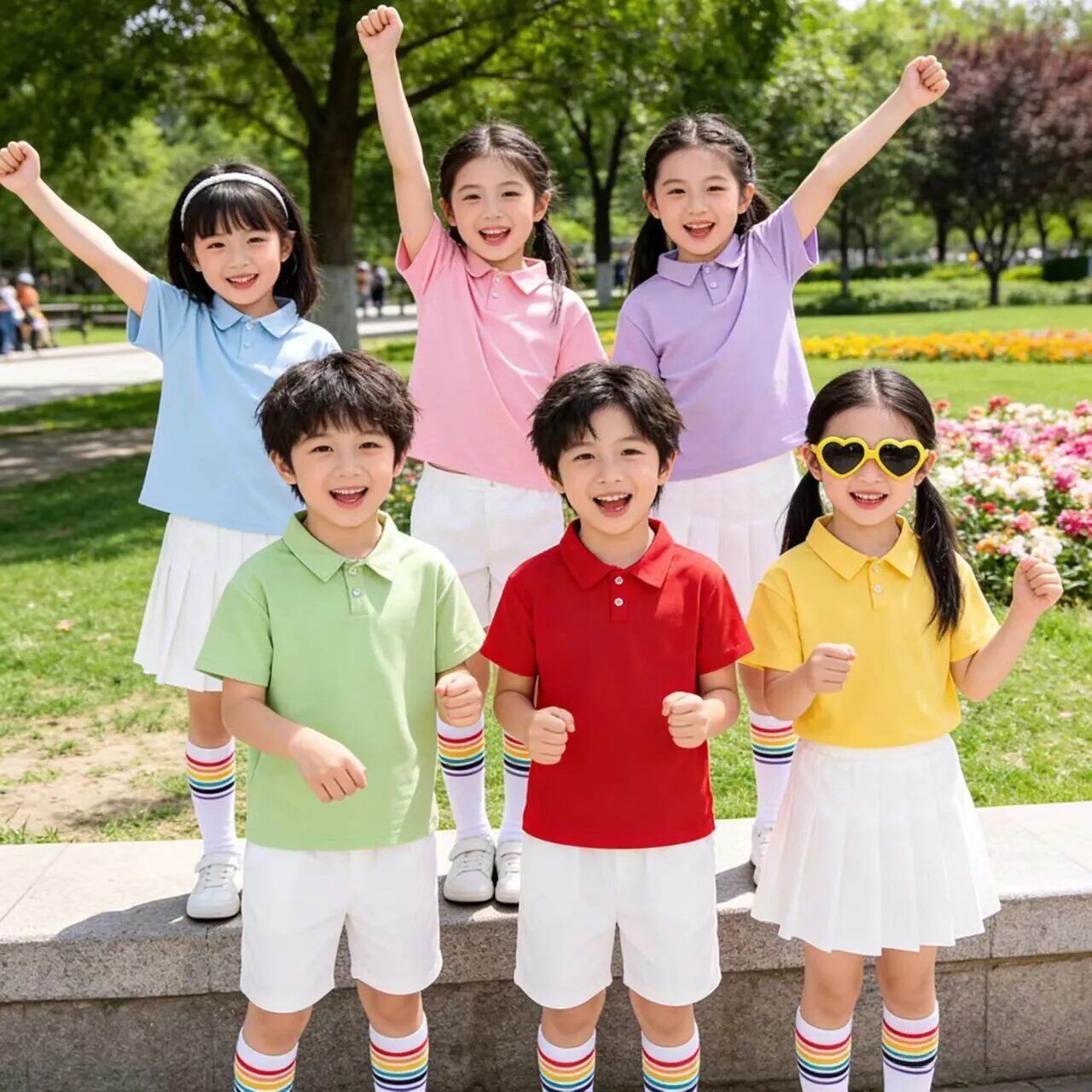 儿童啦啦队演出服多巴胺糖果色中小学生短袖polo衫百褶裙表演服装图片