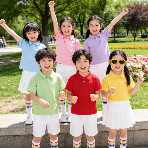 儿童啦啦队演出服多巴胺糖果色中小学生短袖polo衫百褶裙表演服装