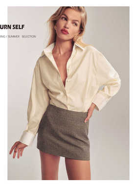 归己reformation法式长袖衬衫精致天丝双色拼上衣女春秋