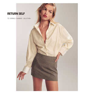 归己reformation法式长袖衬衫精致天丝双色拼上衣女春秋