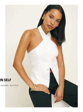 RETURN SLEF白色棉麻挂脖系扣气质交叉背心无袖上衣马甲女