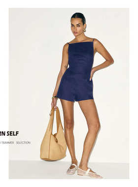 RETURN SELF深蓝色亚麻连体短裤裤裙女一字肩吊带连体衣裤