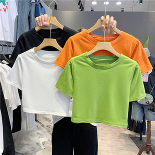 紧身牛油果绿漏肚脐高腰上衣bm潮ins 露脐纯色修身 T恤女夏短袖 短款