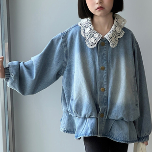 女童牛仔外套春装2026新款中大童洋气蕾丝拼接短款上衣小个子童装