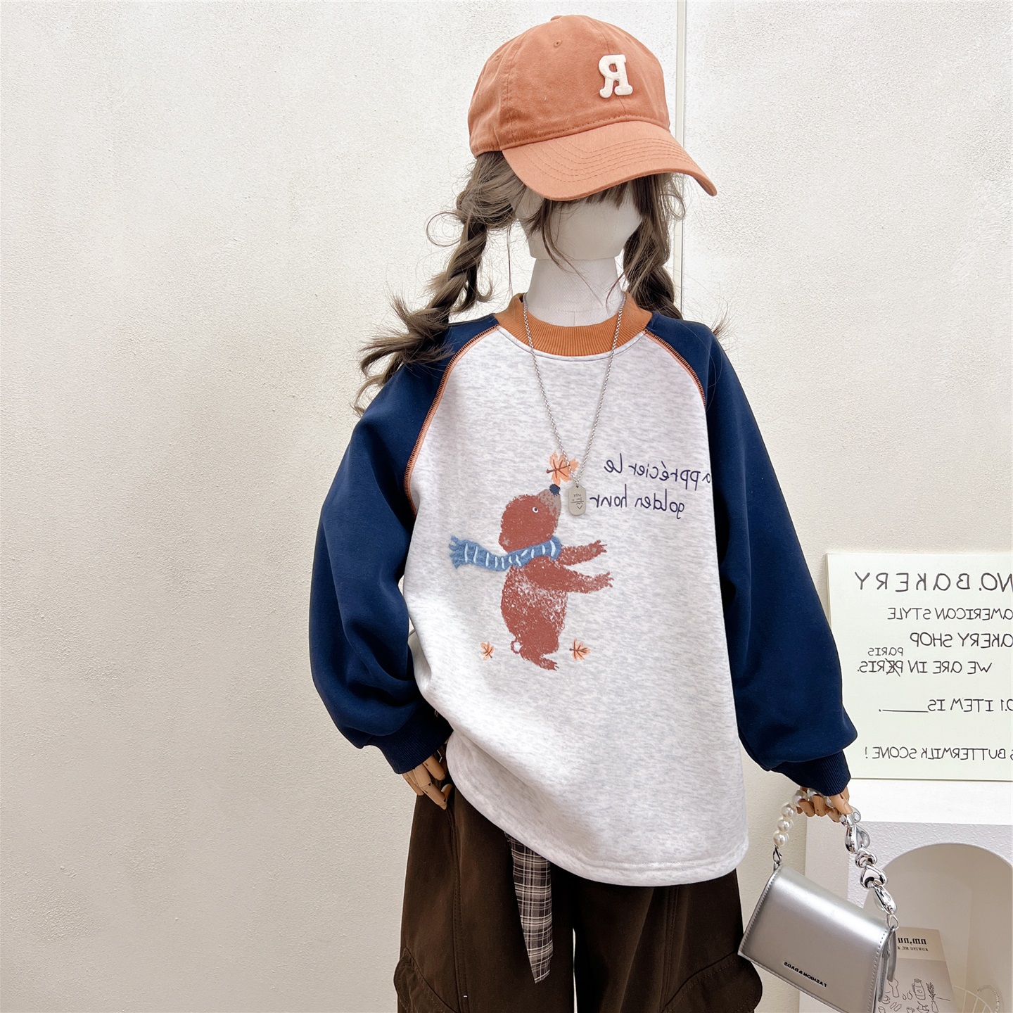 女童小熊加绒套头卫衣秋冬