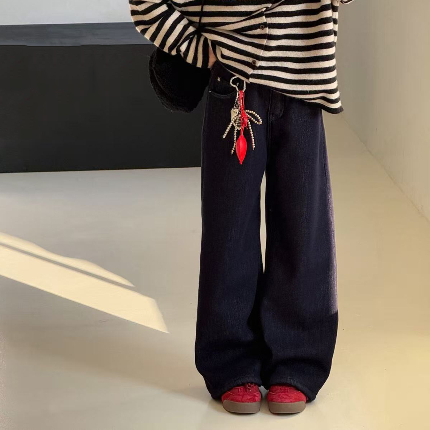 女童直筒加绒牛仔裤童装冬加厚