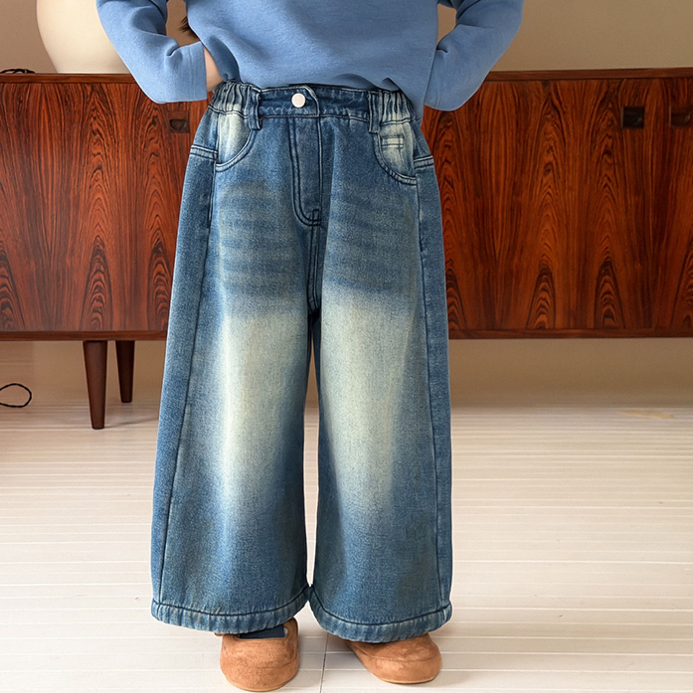 女童阔腿加绒牛仔裤冬儿童复古