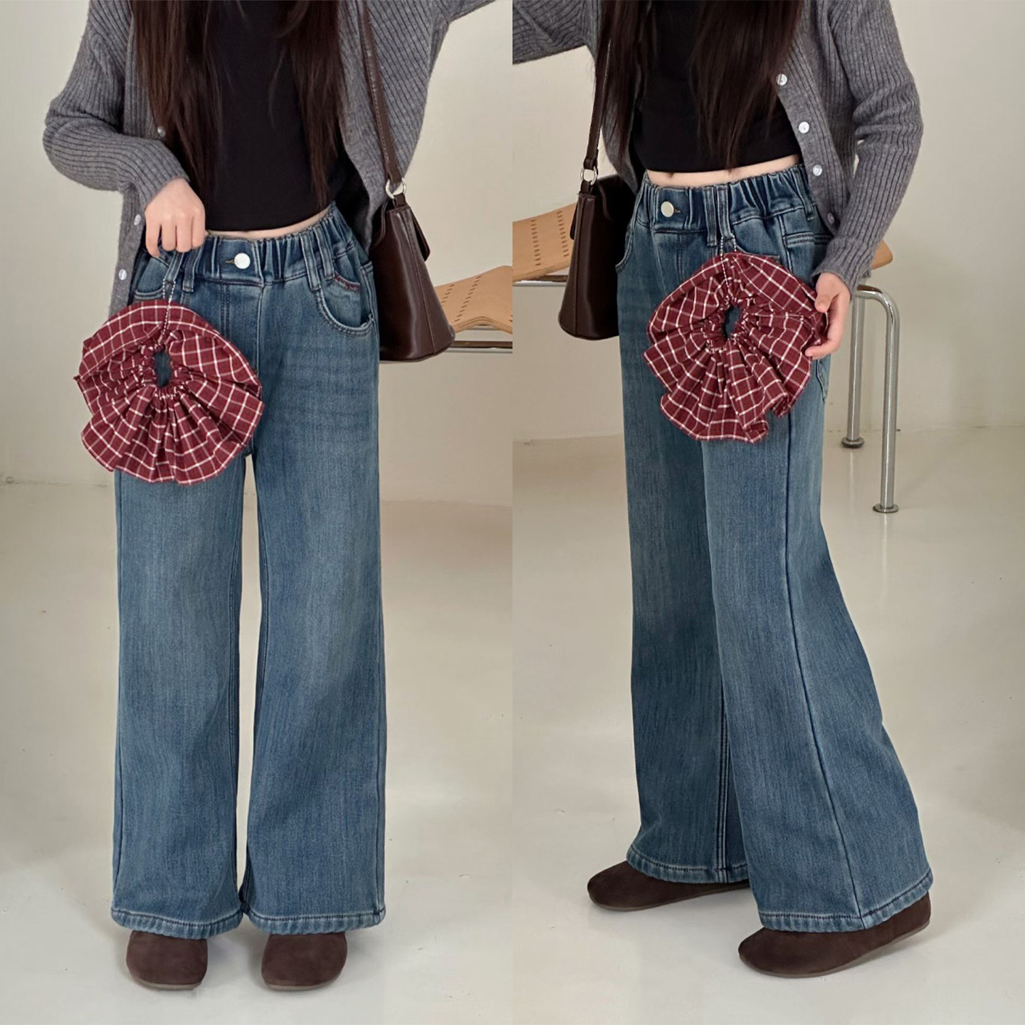 女童蓝色一体绒牛仔裤百搭微喇裤