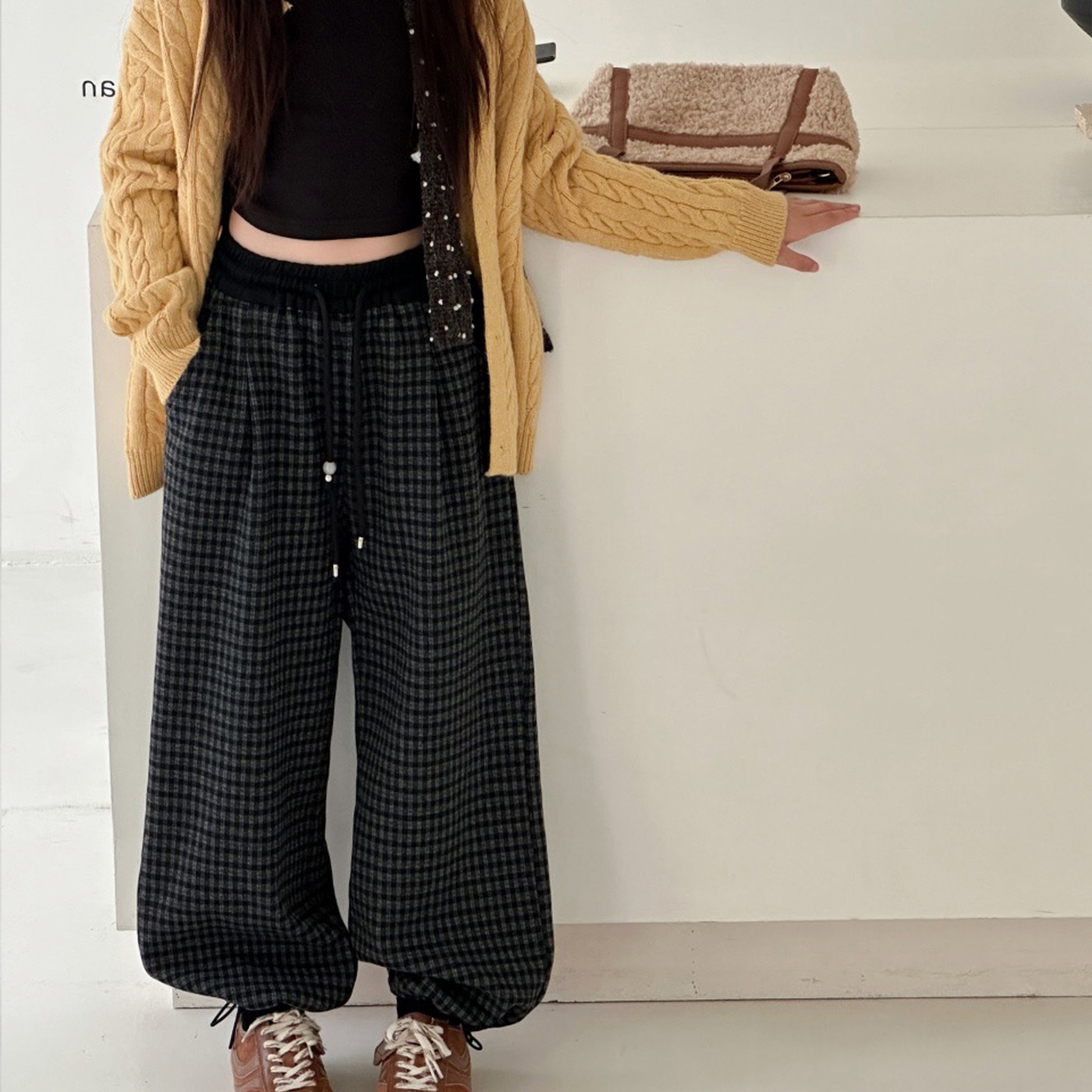 女童裤子休闲卫裤格子裤冬装