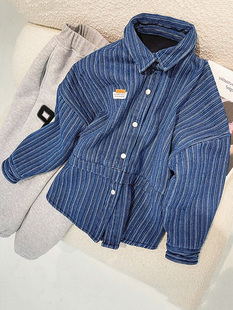 儿童衬衣港风童装 新款 宝宝加厚外套洋气 2025冬装 男童加绒牛仔衬衫