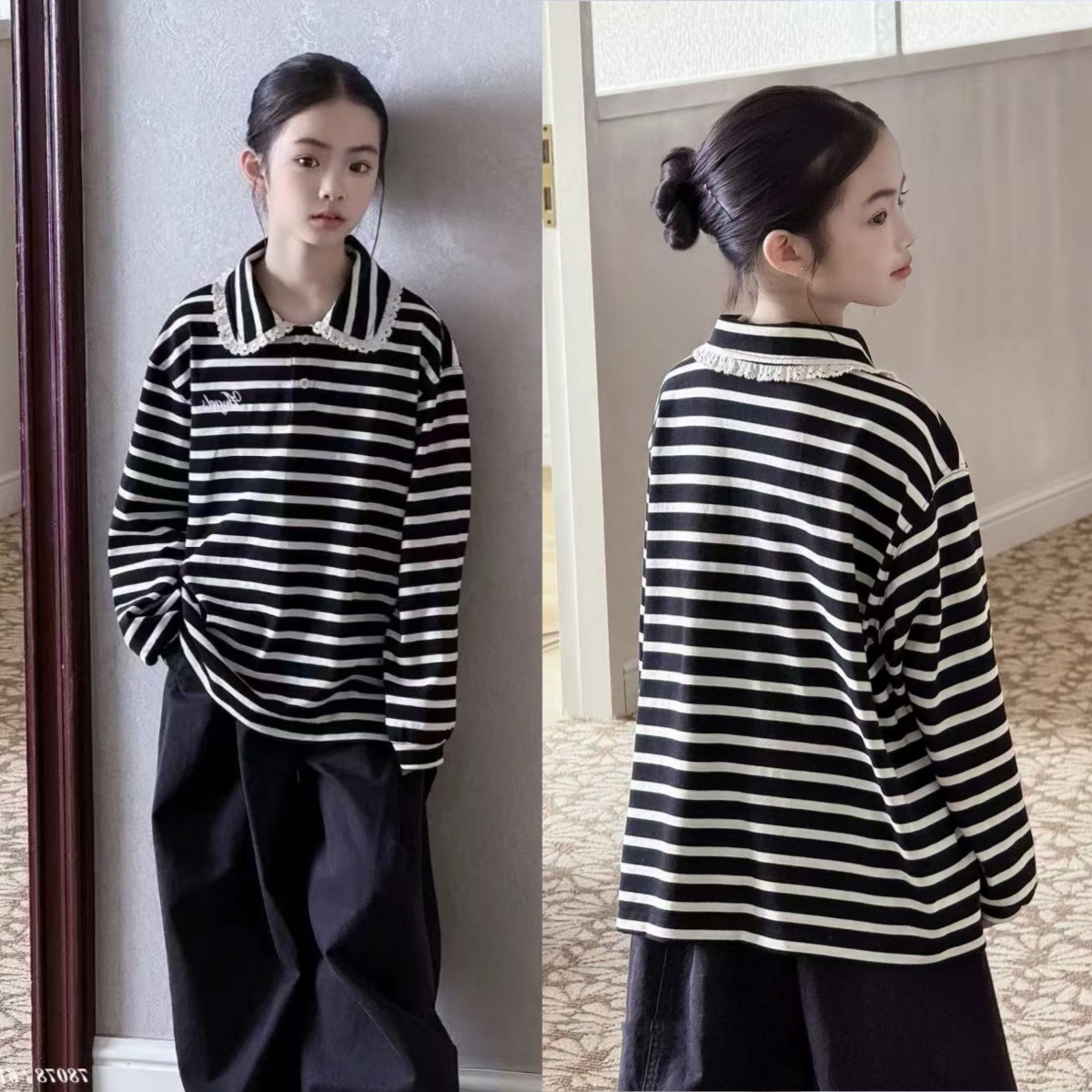女童条纹花边翻领长袖卫衣T恤