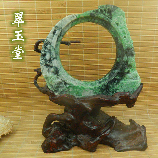 缅甸翡翠荷花鱼厚桩相架摆件 玉原石A货花青老种水阳绿色镜框明料