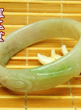 59mm玉原石A货冰糯种水淡紫飘绿色手镯 老坑翡翠雕花大号正装明料