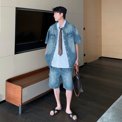 一轩轩牛仔衬衫短裤套装