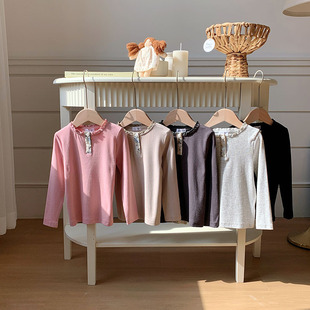 2025春季童装圆领开扣长袖女宝宝韩版春装T恤女童衬衫纯棉打底衫