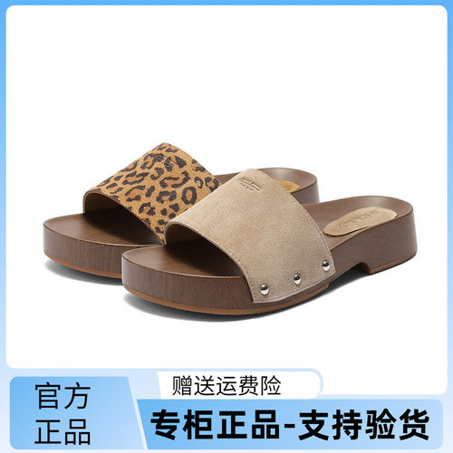 百丽牛皮豹纹厚底一字女凉拖