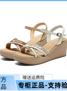 国内专柜正品2026夏款百丽凉鞋坡跟编织一字带运动女鞋F5J1 F5J1D