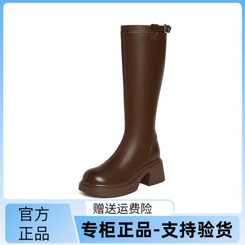 百思图都市朋克24冬商场新款粗腿显瘦骑士靴粗高跟女长靴M5603DG4