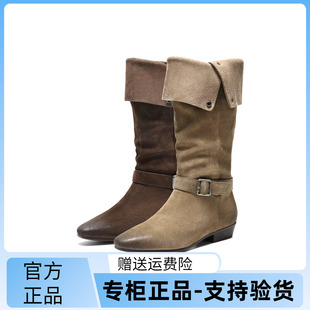 靴25秋冬堆堆靴宽筒围长筒靴子BFB71DG5 百丽复古西部牛仔靴时装