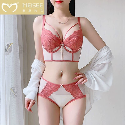美思内衣女夏季薄款大胸显小胸聚拢套装轻薄无钢圈性感蕾丝文胸罩