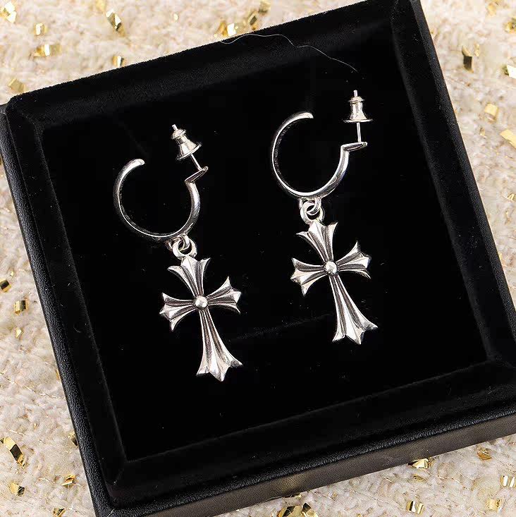 十字架耳环925纯银复古做旧款黑耳钉长款吊坠网红女主播同款送人