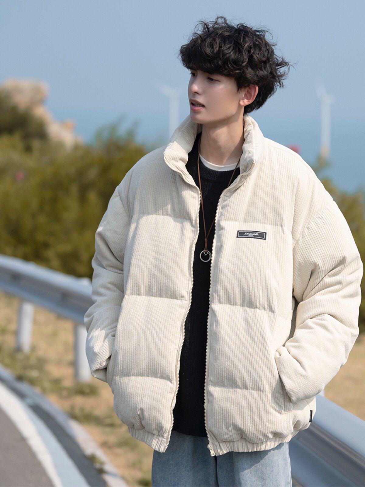 라벨이 붙은 코듀로이 다운 재킷 남성 겨울 느슨한 일본 CITYBOY 두꺼운 빵 재킷 복고풍 스탠드 칼라 재킷