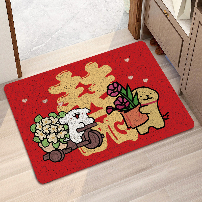 线条小狗结婚地垫入户门垫2025新款地毯红色喜字丝圈脚垫家用乔迁