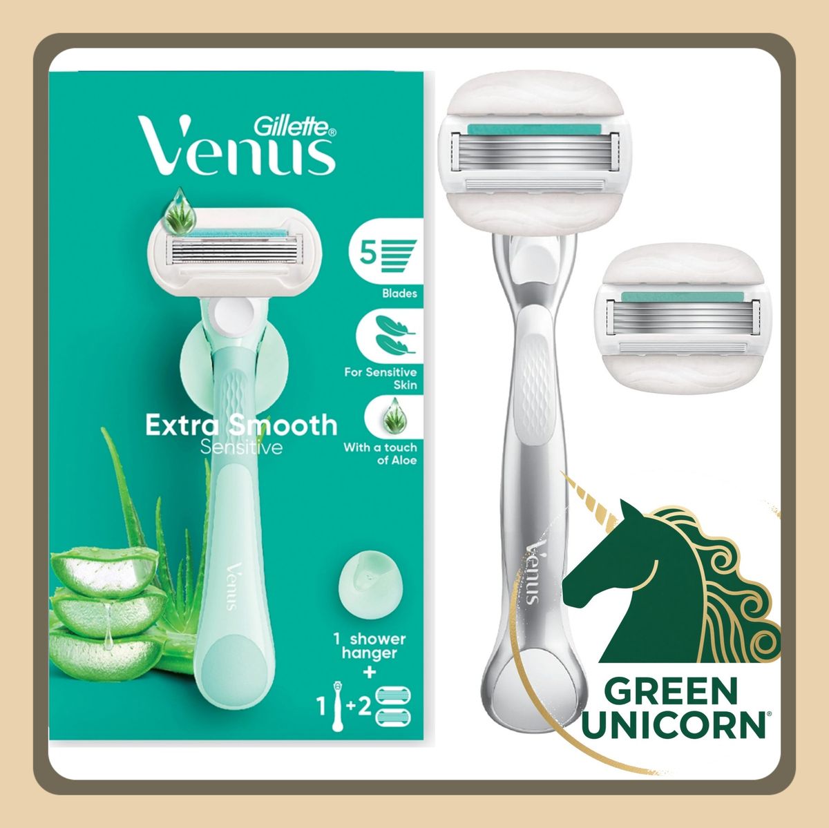 Gillette吉列 Venus维纳斯敏感肌芦荟女士1刀柄连2片替换刀片进口