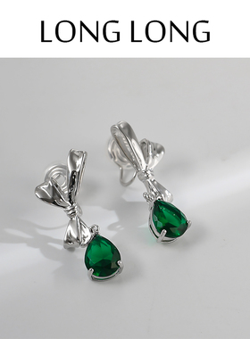 设计感小众冷淡风蝴蝶结祖母绿锆石耳坠耳环女无耳洞蚊香盘耳夹饰