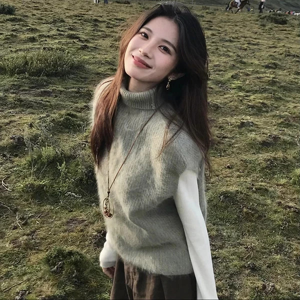 韩系穿搭高领软糯针织马甲女秋冬新款慵懒风宽松百搭叠穿毛衣背心