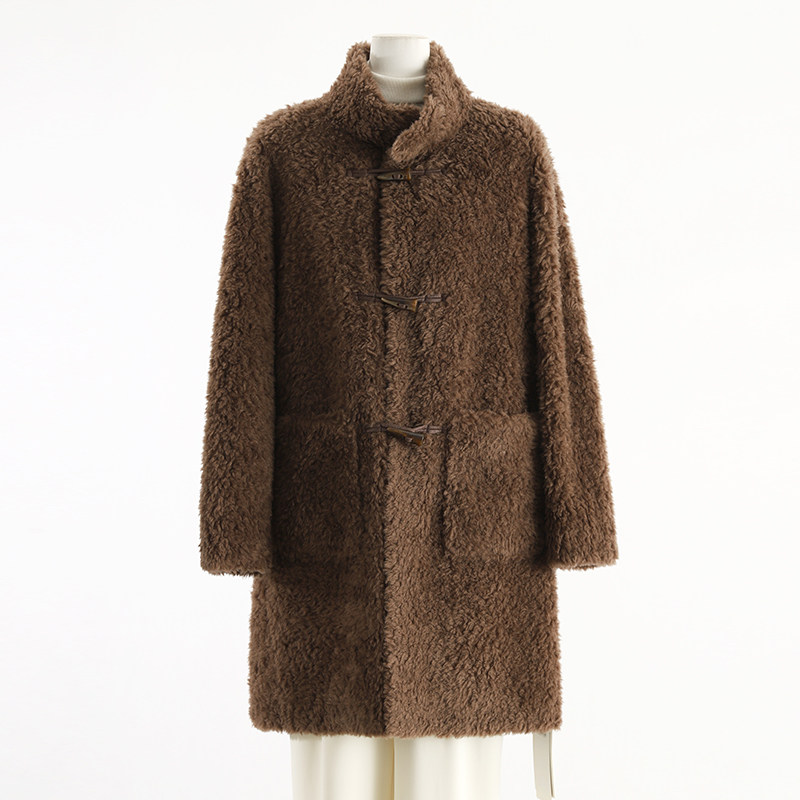 专柜正品折扣●羊羔毛中长款毛呢外套女立领大衣棕色2025冬新款