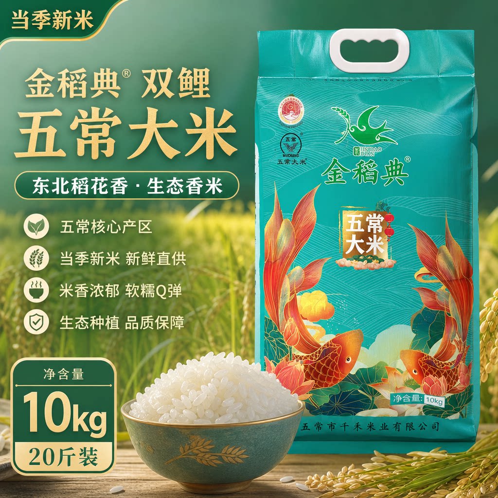 金稻典双鲤五常大米10kg 绿色东北稻花香长粒生态香米20斤