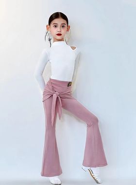 CONNY拉丁舞训练服女儿童舞蹈练功服长裤微喇叭黑色长袖上衣套装