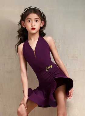 拉丁舞服挂脖气质新款女童分体舞蹈练功服小V立体感鱼骨半裙套装