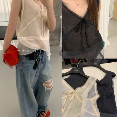 MZI STUDIO-返璞归真韩调清透素净细腻v领双侧钮扣简约气质背心