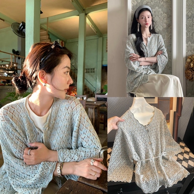 康宝莱亚麻编织镂空亮片开衫