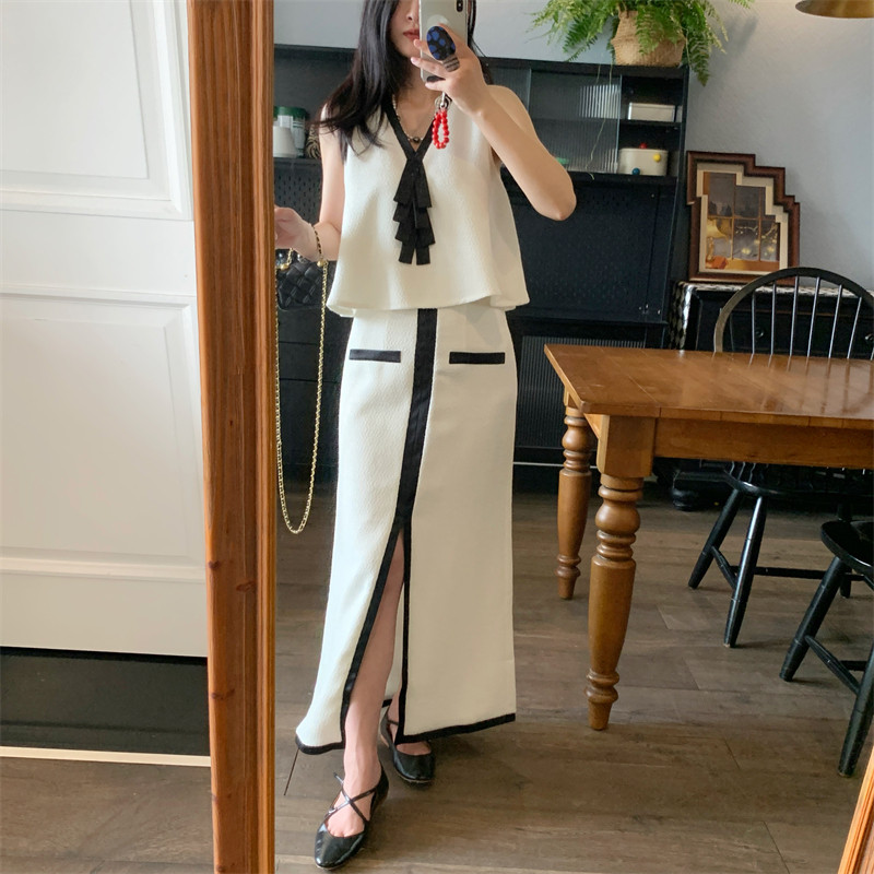 Papi同款小香风套装~经典黑白领结上衣+开衩半裙