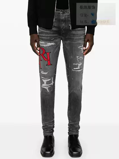 New Four Seasons Designer Letter Embroidery Gray Washed Patch Motorcycle Stretch Small Foot Jeans Men's Amr