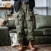 靛海 宽松多口袋廓形老爹裤 日系全棉重磅340G水洗做旧伞兵工装 裤