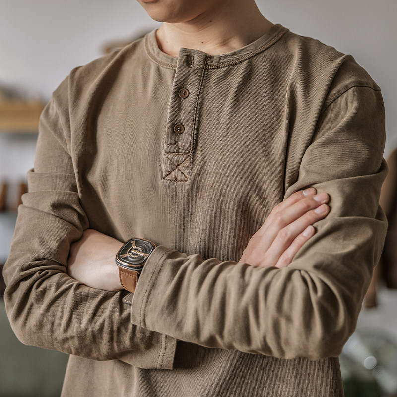 靛海 美式复古水洗蜡染亨利衫T恤做旧硬汉宽松开领长袖打底衫男春,男装,T恤,淘宝优惠券,粉丝福利购,淘宝优惠卷