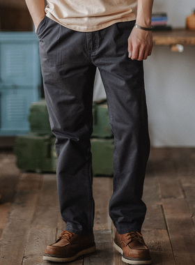 靛海 日系咔叽纯棉水洗直筒工装卡其裤男复古chino纯色休闲长裤秋
