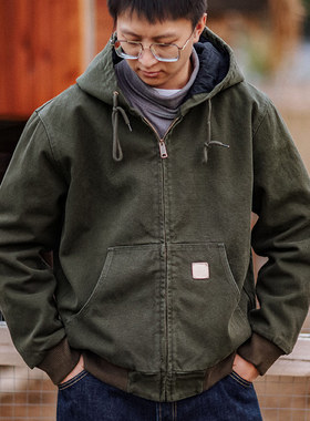 靛海 重磅复古J130水洗做旧帆布连帽工装夹克 宽松棉服外套男秋冬