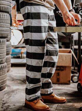 靛海 美式复古重磅帆布黑白条纹囚犯裤阿美咔叽巴黎扣休闲机车裤