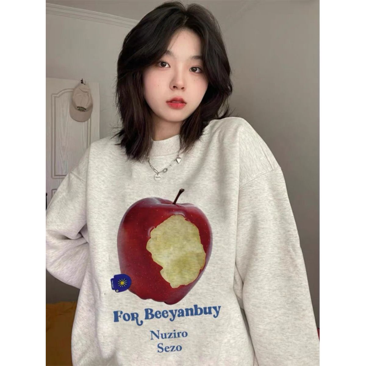 重磅显瘦灰色圆领卫衣女秋冬新款高街印花潮牌情侣套头衫复古洋气