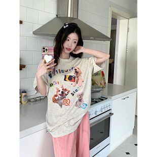 t恤正肩短上衣夏季 女装 宽松休闲百搭情侣装 大码 韩版 卡通纯棉短袖